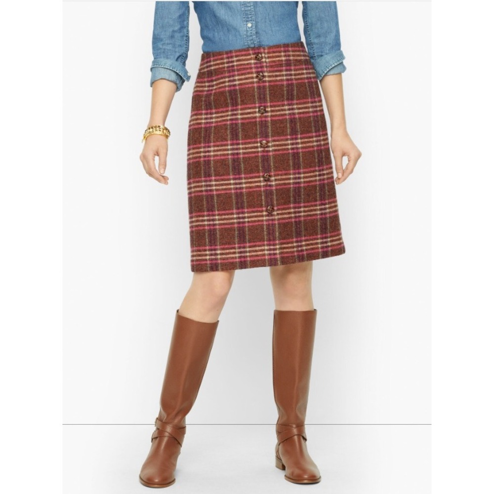 Talbots Wool Blend A-Line‎ Plaid Button Front Mini Skirt Brown Pink Womens 16